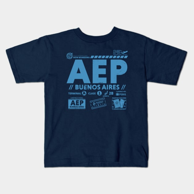 Vintage Buenos Aires AEP Airport Code Travel Day Retro Travel Tag Kids T-Shirt by Now Boarding